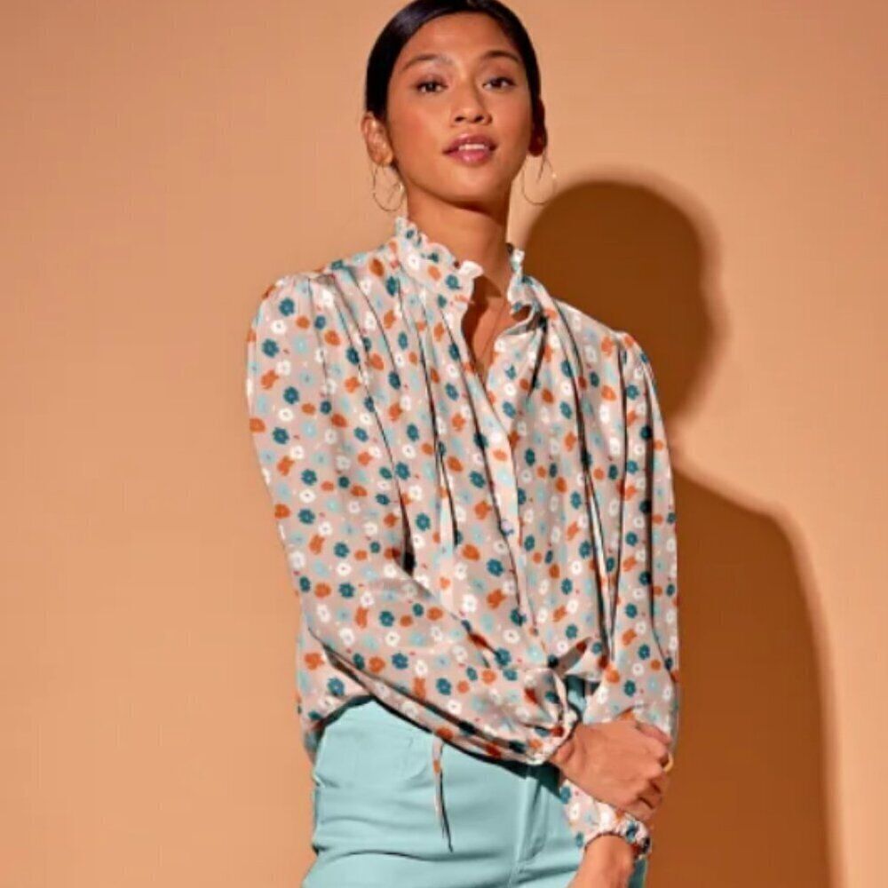 Tucker NYC Willow Blouse Blush Mint Poppies Micro in Silk Crepe de Chine Top